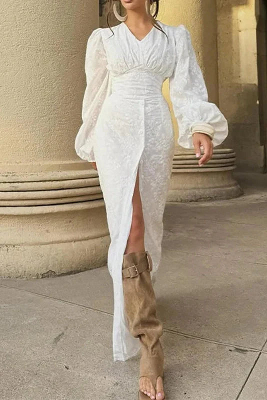 Elegant Hollow Out V-Neck High Waist Lantern Sleeve Maxi Dress