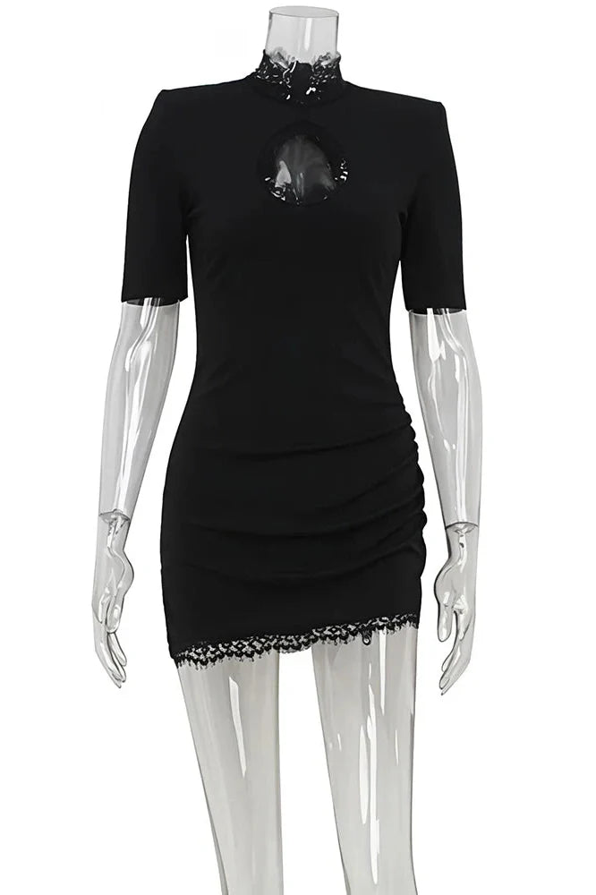 Hollow Out Lace Turtleneck Short Sleeve Mini Dress