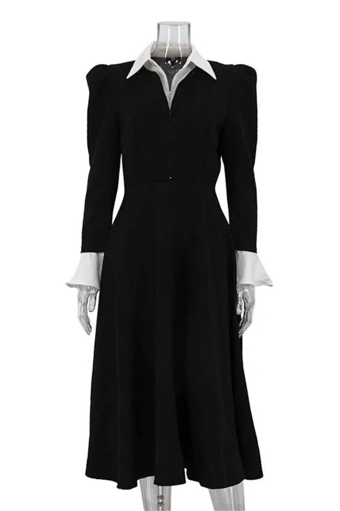 Patchwork Zipper High Waist Long Sleeve Midi Dress