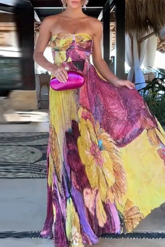 Elegant Strapless Printed Sleeveless Off Shoulder High Waist Maxi Dress