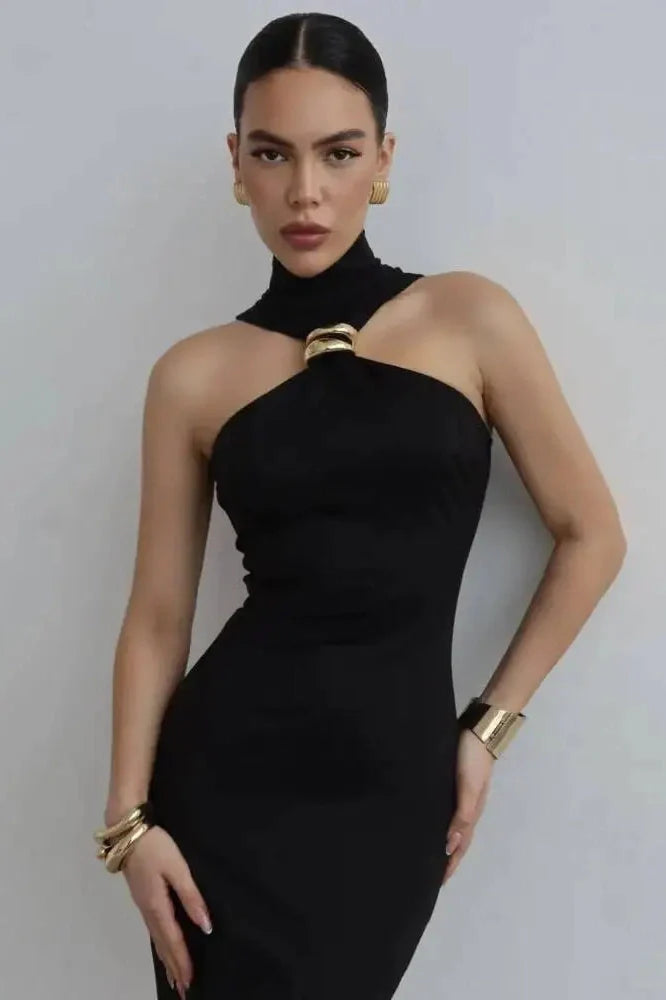 Turtleneck Off-Shoulder Sleeveless Backless Midi Dress
