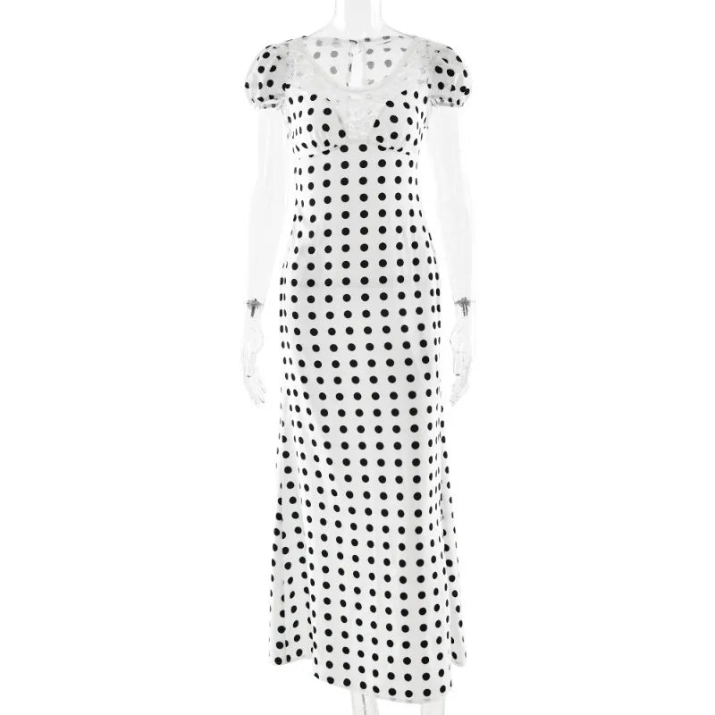 Elegant Polka Dot Patchwork Hollow Out Maxi Dress