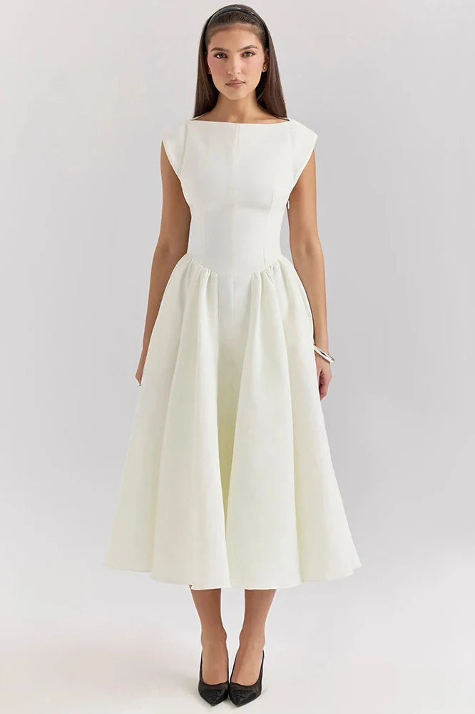 Hollow Out Backless Sleeveless High Waist Pleated A-line Midi Dress