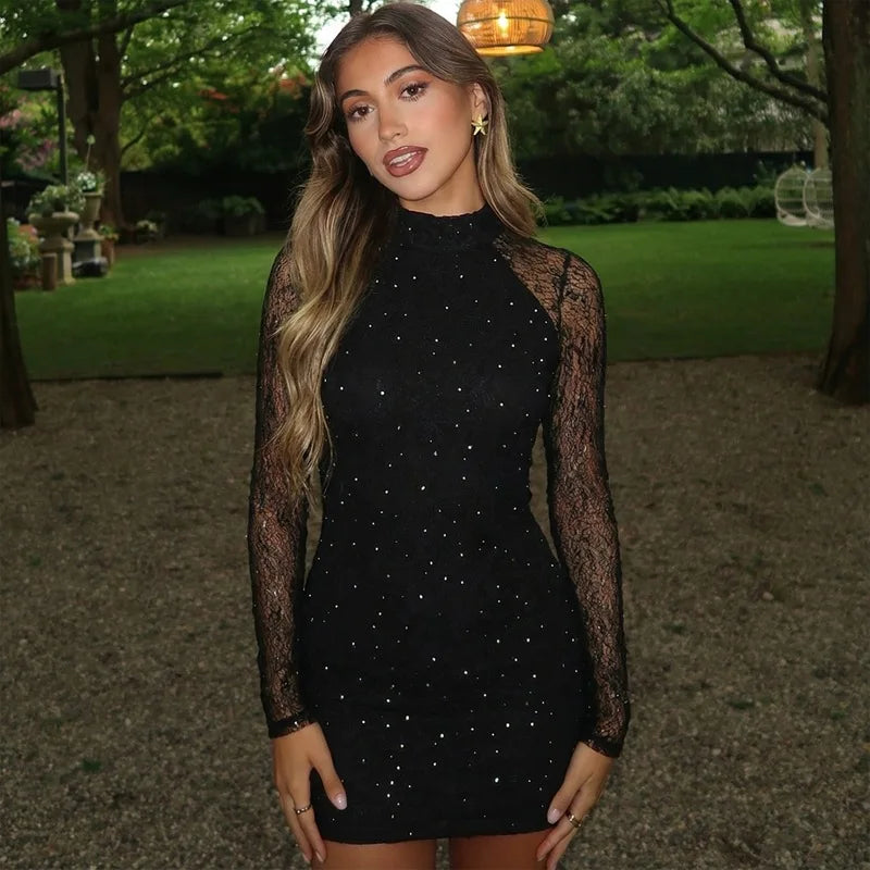 Lace See Through Long Sleeve Mini Dress