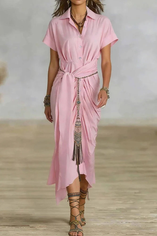 Elegant Pleated Lace Up Short Sleeve Midi Dress