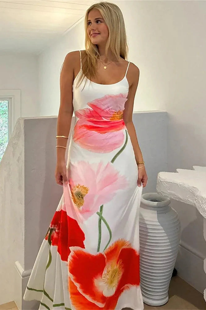 Printed Spaghetti Straps Backless Maxi Dress