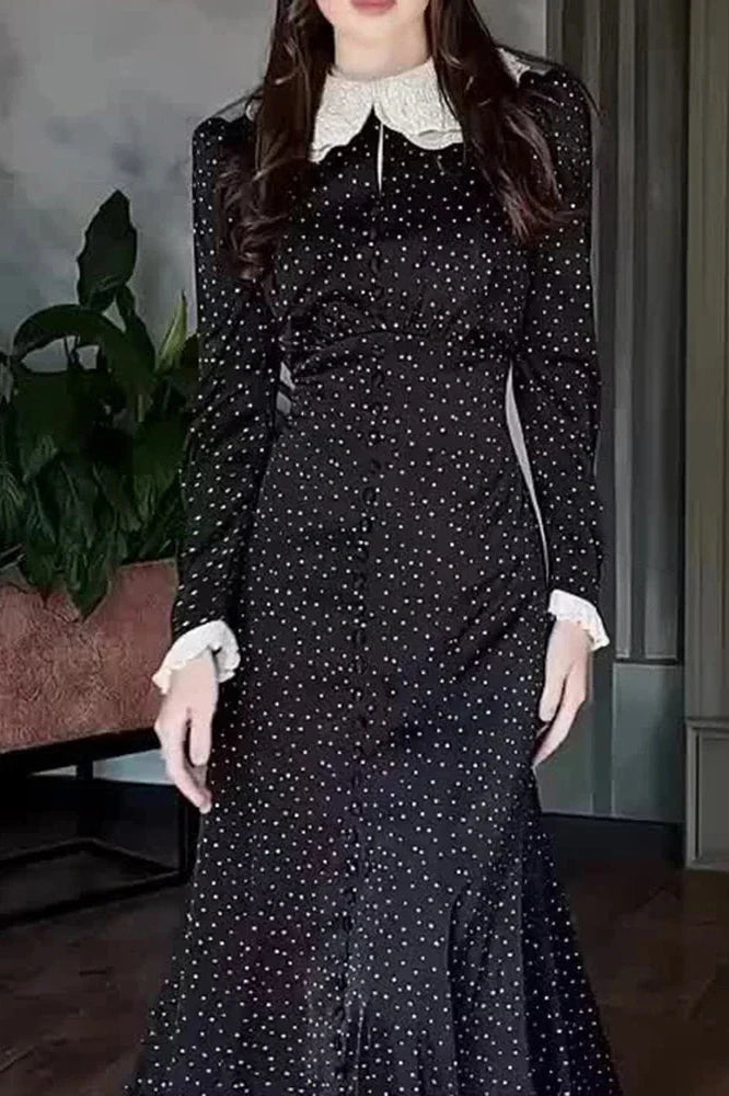 Elegant Long Sleeve Slim Lace Up High Waist Pleat Printed Maxi Dress