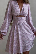 Hollow Out V-Neck Printed Long Sleeve Patchwork Mini Dress