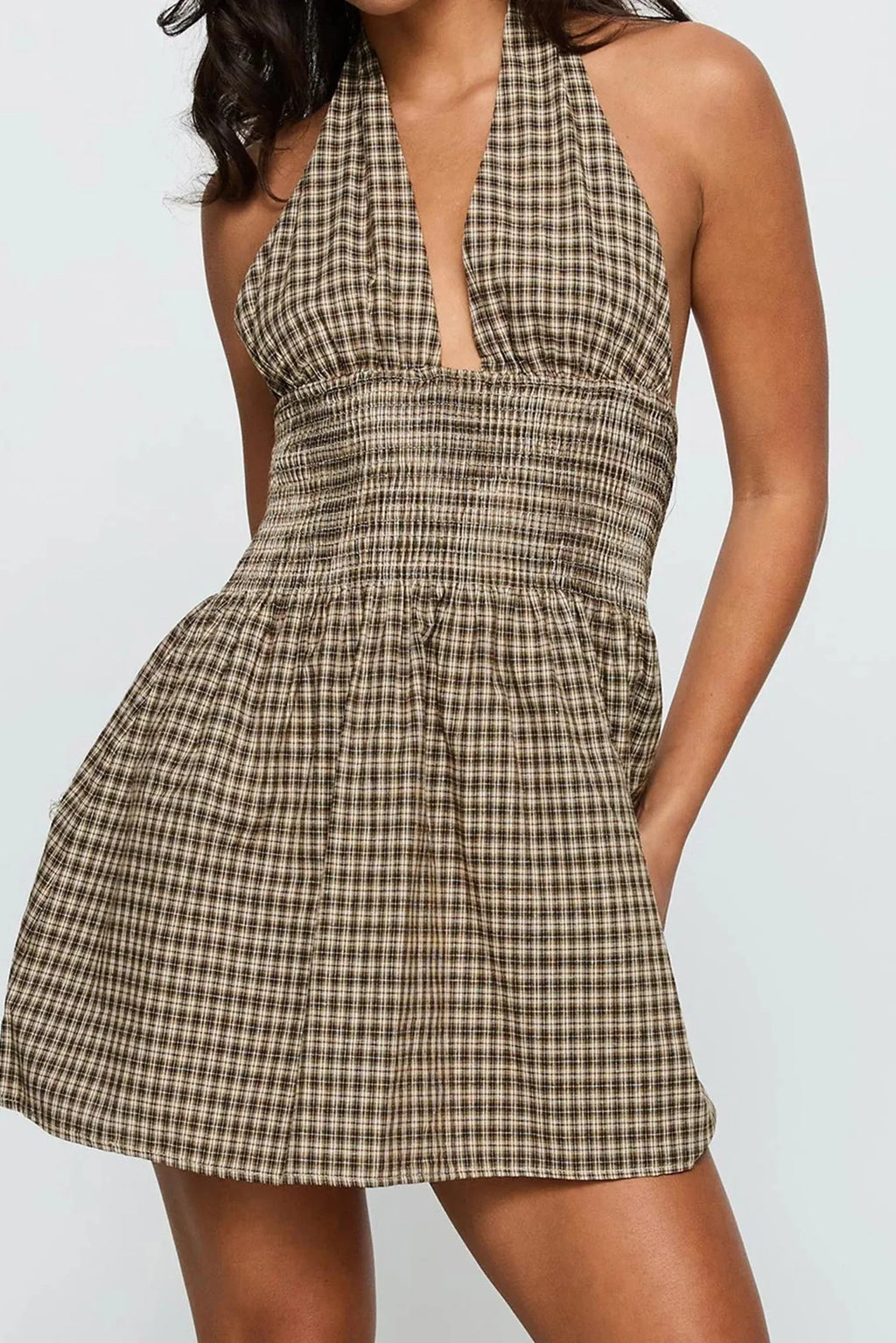 Plaid Backless Sleeveless V Neck A-Line Mini Dress