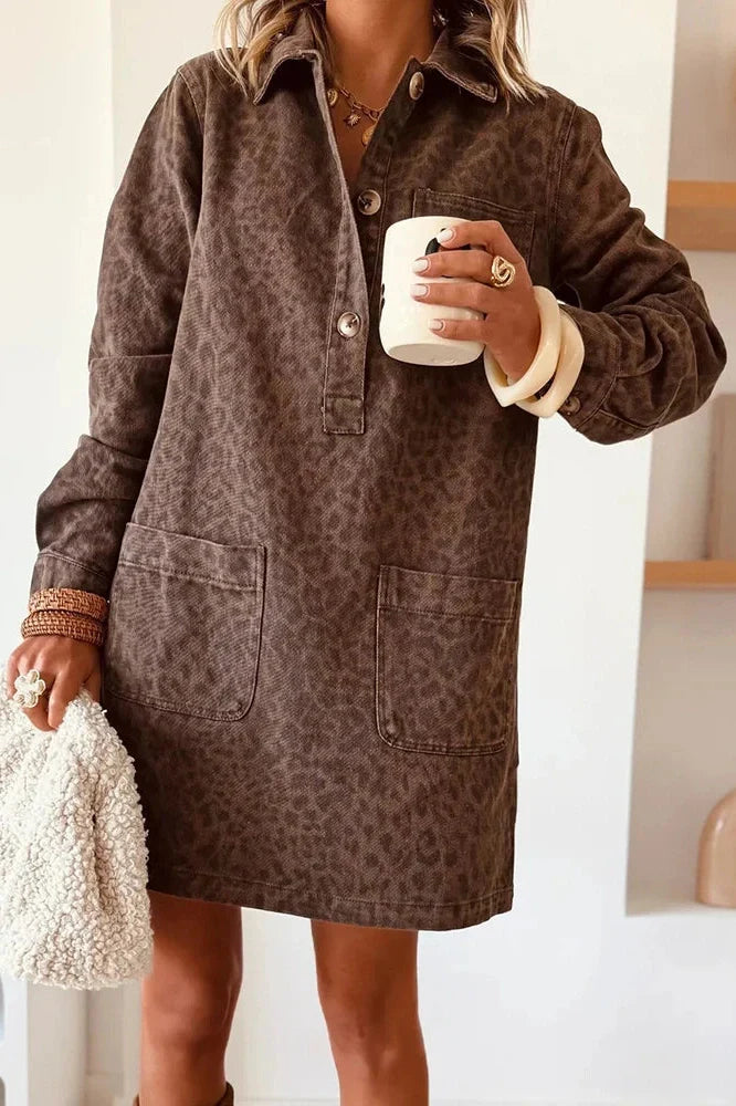 Elegant Long Sleeve Pocket High Waist Loose Printed Mini Dress