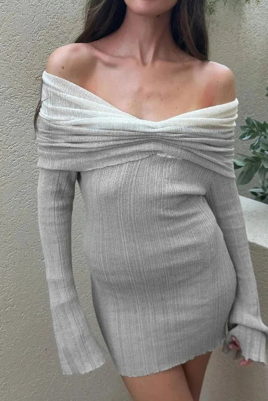 Off-Shoulder Knitted Long Sleeve Slim Backless Mini Dress