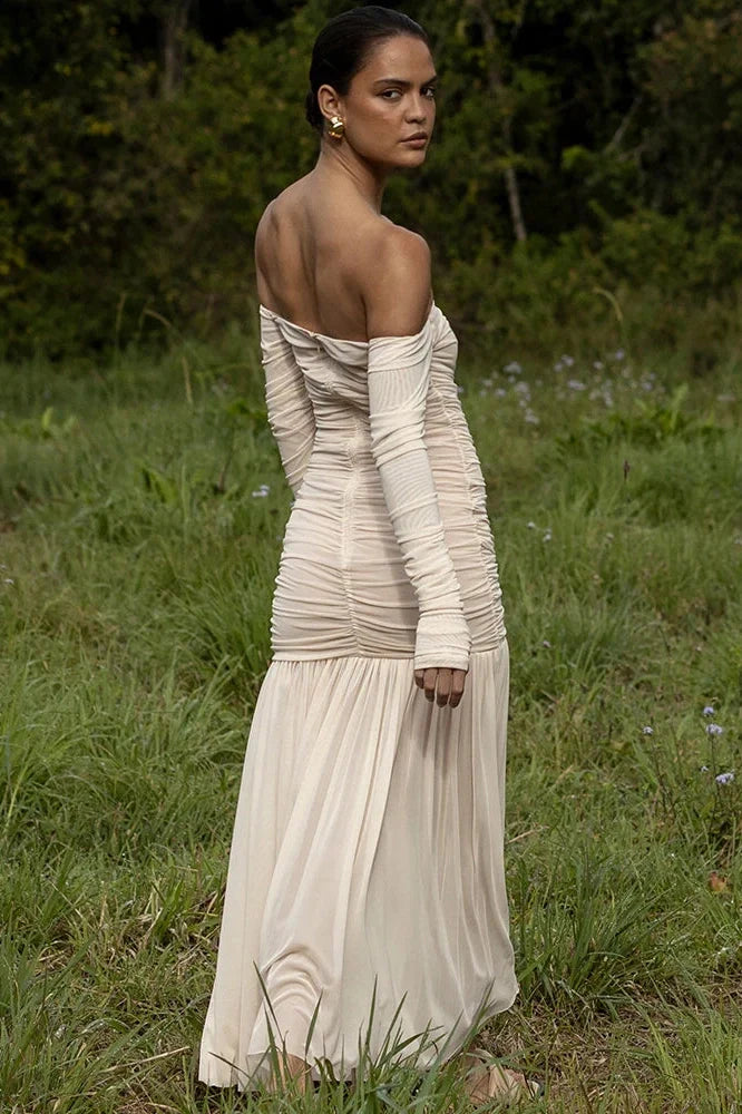 Off-Shoulder Strapless Patchwork Backless Long Sleeve Pleated Maxi Dress