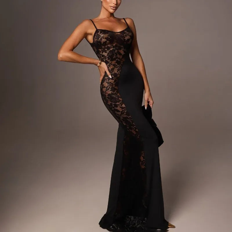 Lace Patchwork See Through Sleeveless Maxi Dress