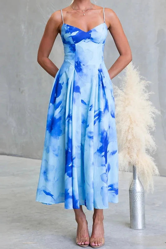 Floral Printed High Waist Sleeveless Pleated Midi Dress
