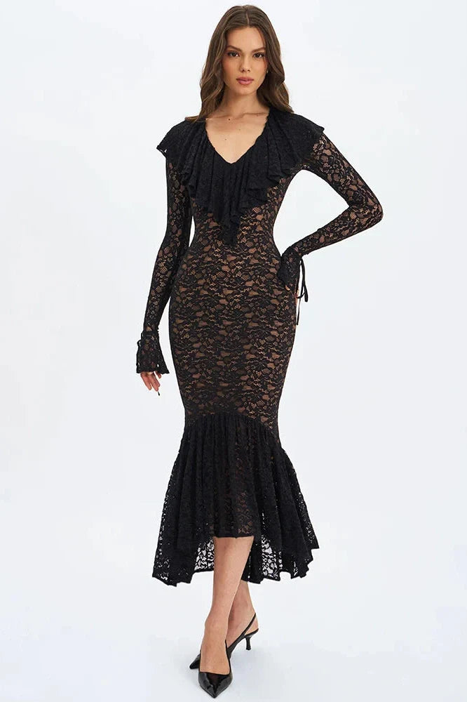 Lace V Neck Long Flare Sleeve High Waist Maxi Dress