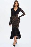 Lace V Neck Long Flare Sleeve High Waist Maxi Dress