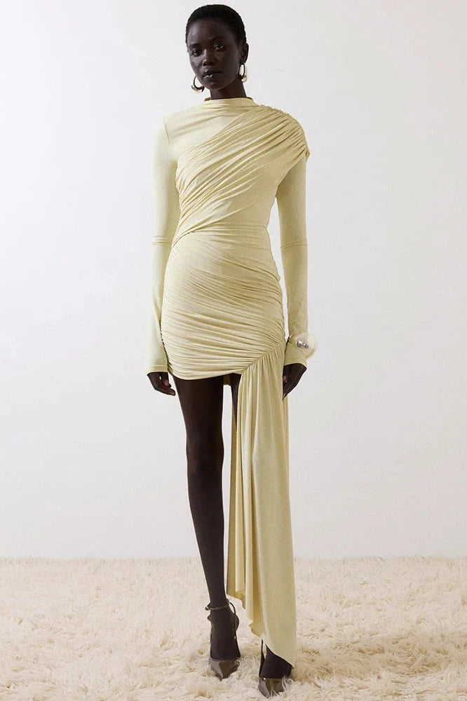 Elegant Turtleneck Long Sleeve High Waist Pleated Irregular Mini Dress