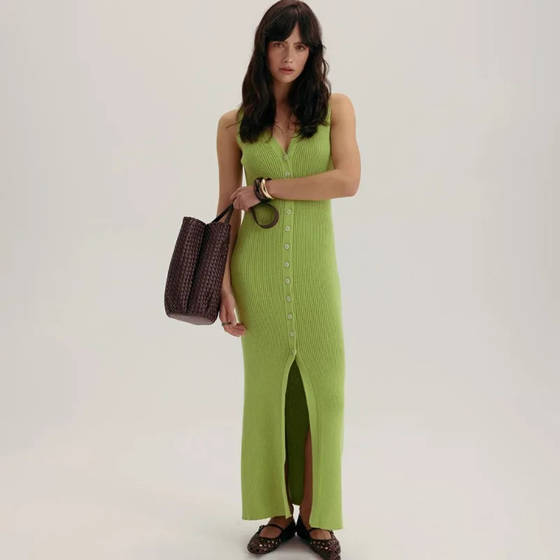 Elegant V-Neck Sleeveless Patchwork Maxi Dress