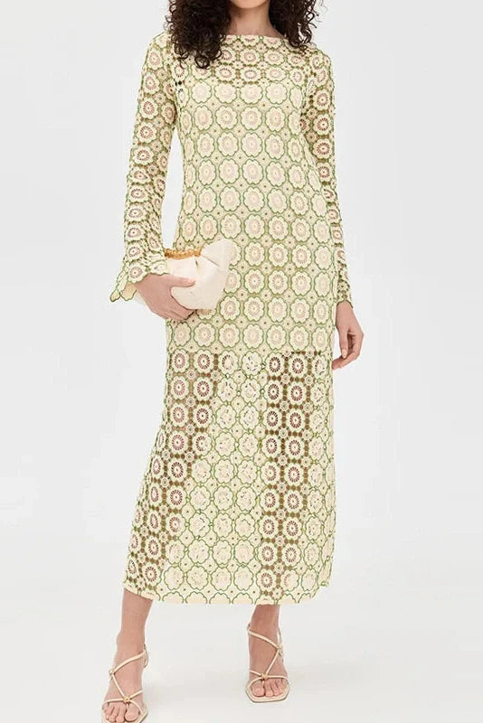 O-Neck Loose A-Line See-Through Printed Maxi Dress