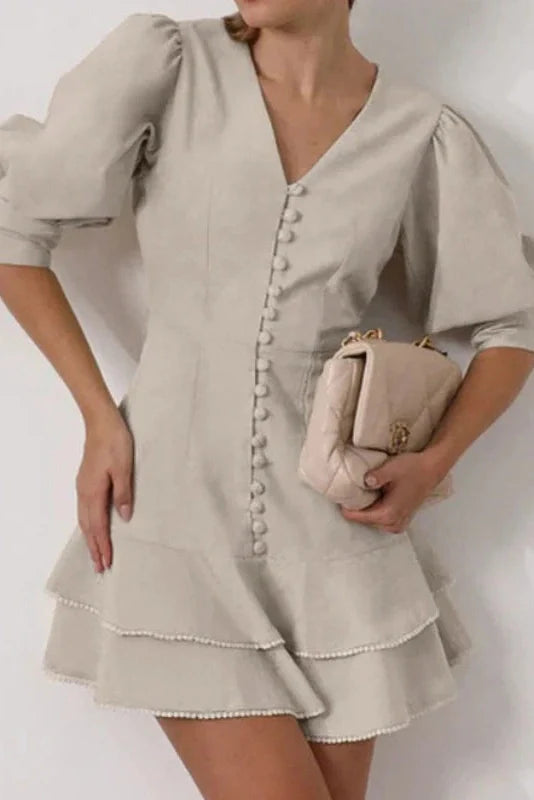 Lantern Sleeve A-Line V-Neck Single-Breasted High Waist Mini Dress