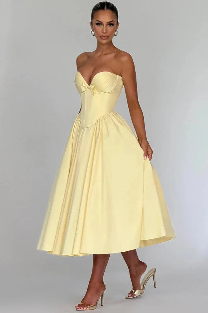 Off-Shoulder Strapless Sleeveless Backless High Waist A-line Midi Dress