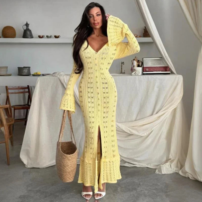 Hollow Knitted Long Sleeve Maxi Dress