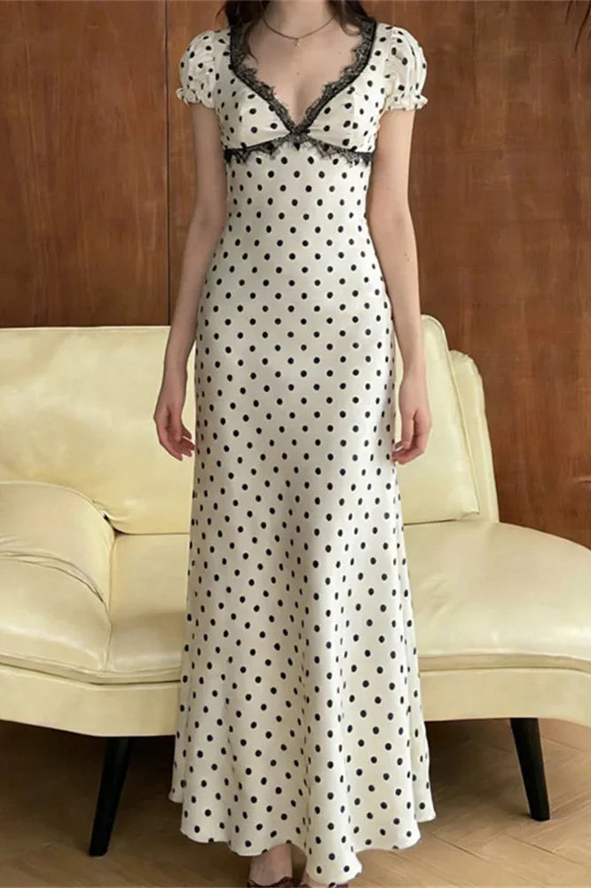 Lace Backless V-Neck Short Sleeve Maxi Dress