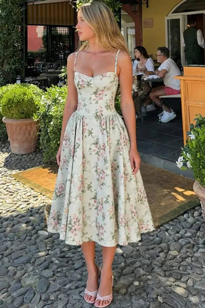 Spaghetti Strap Printed Sleeveless A-Line High Waist Pleated Midi Dress