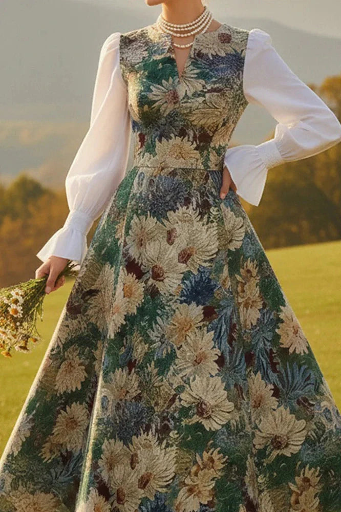 Elegant High Waist Pleated V-Neck Printed Midi Dress