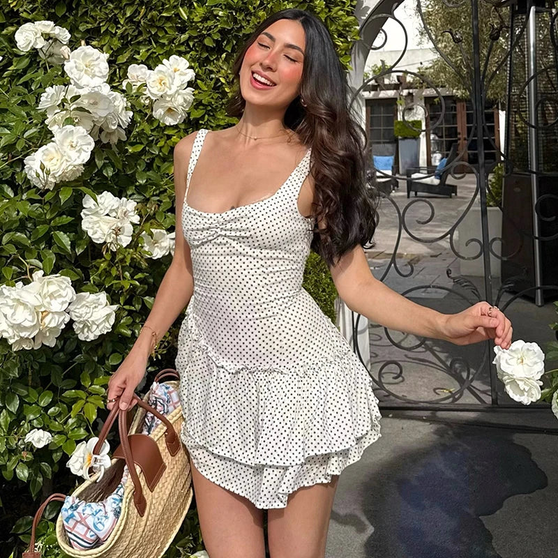 Polka Dot Pleated Slim Sleeveless High Waist Mini Dress