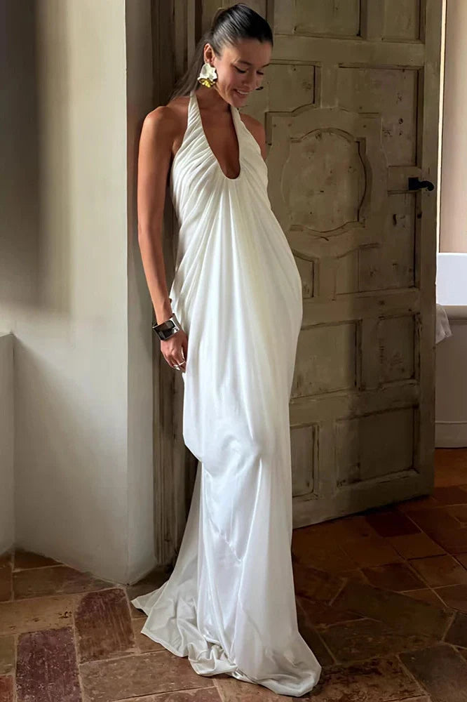 Elegant Backless V Neck Sleeveless Pleated Maxi Dress