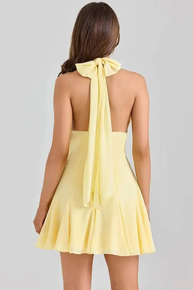 Backless Lace V Neck Sleeveless High Waist A-line Mini Dress