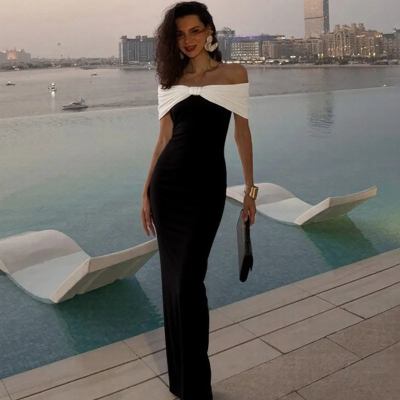 Off Shoulder Patchwork Backless Maxi Dress