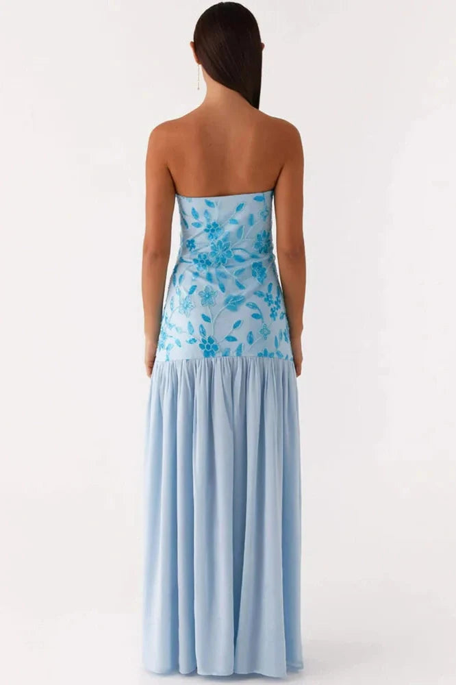 Off-Shoulder Split Print Strapless Backless Pleated Maxi Dress
