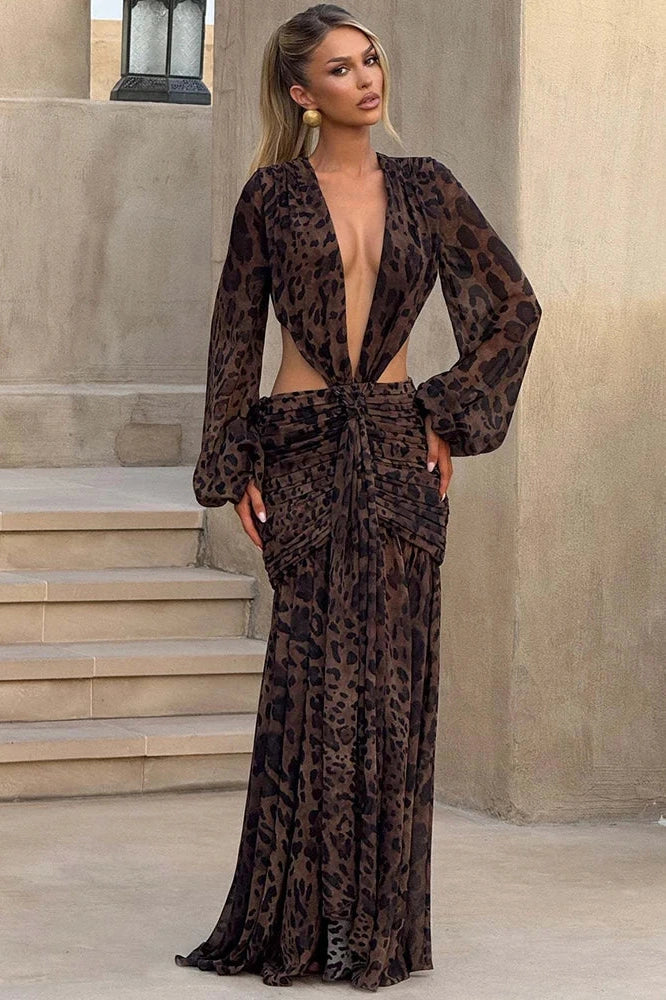 Hollow Out Printed Long Sleeve Backless Bodycon Maxi Dress