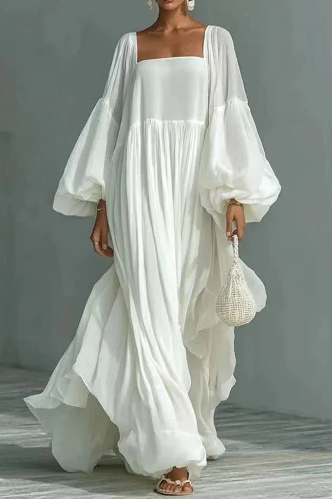 Square Collar High Waist Long Sleeve Pleated Maxi Dress
