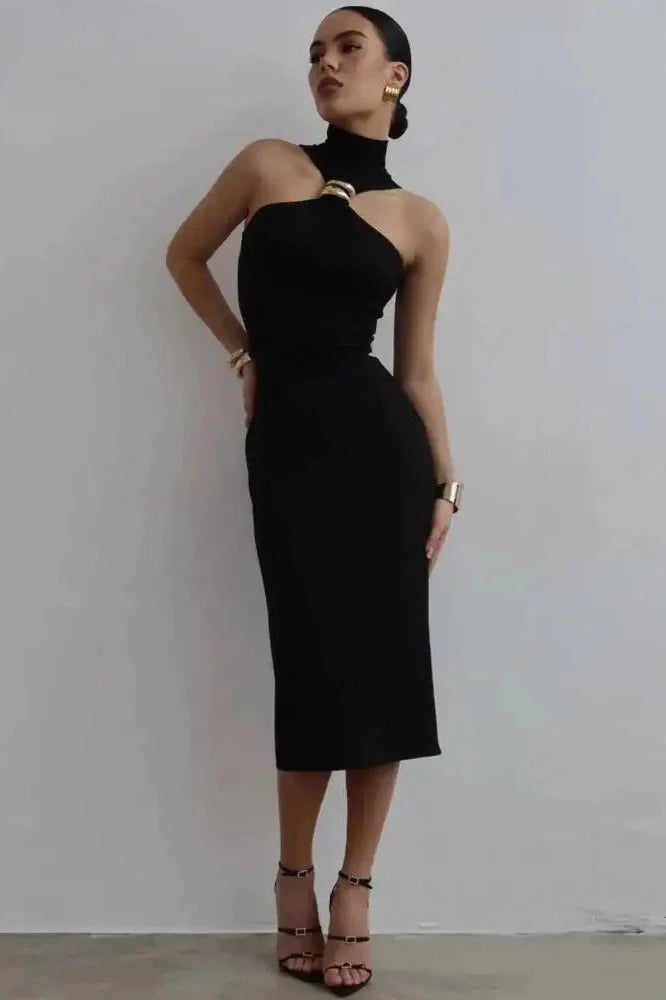 Turtleneck Off-Shoulder Sleeveless Backless Midi Dress