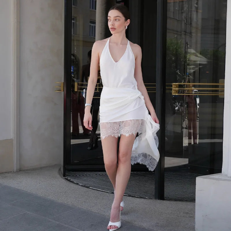 Lace Patchwork V-Neck Bodycon Mini Dress