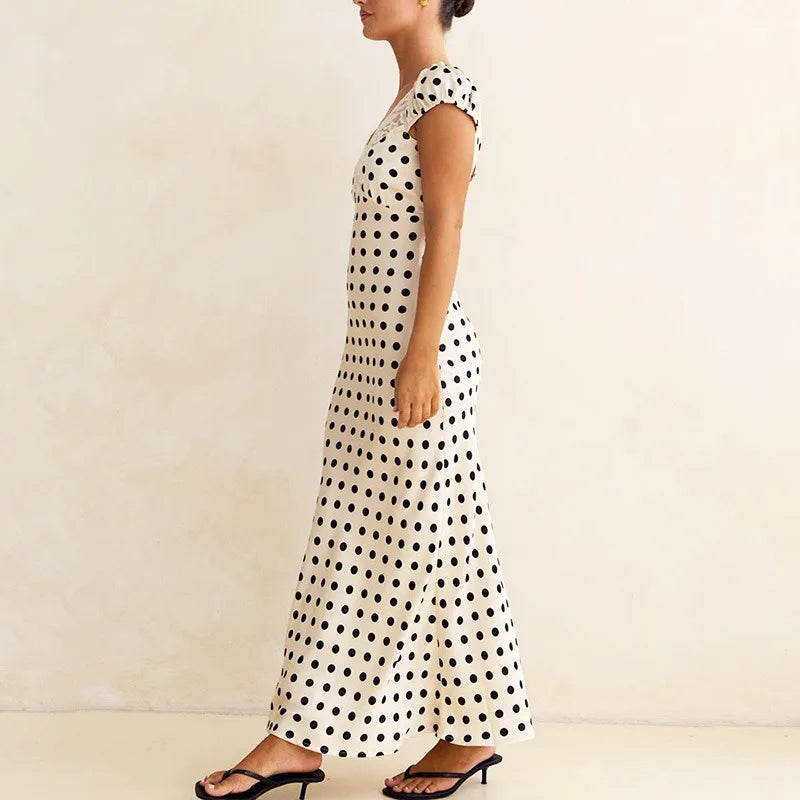 Elegant Polka Dot Patchwork Hollow Out Maxi Dress