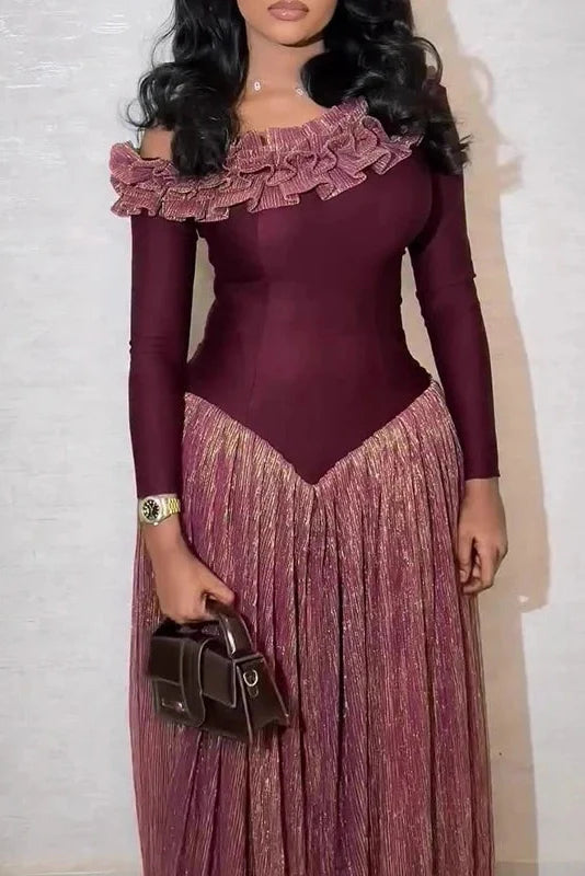 Long Sleeve Slash Collar Slim Pleat Maxi Dress