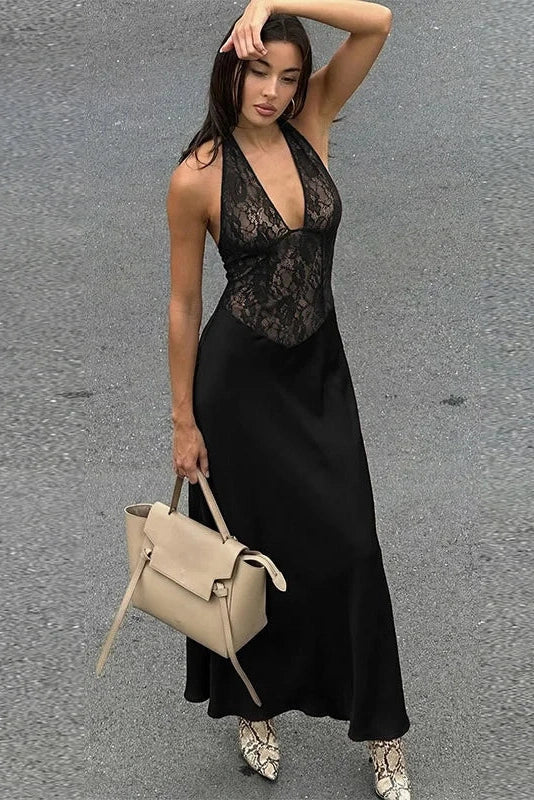 Hollow-Out Lace Patchwork Deep V-Neck Maxi Dress