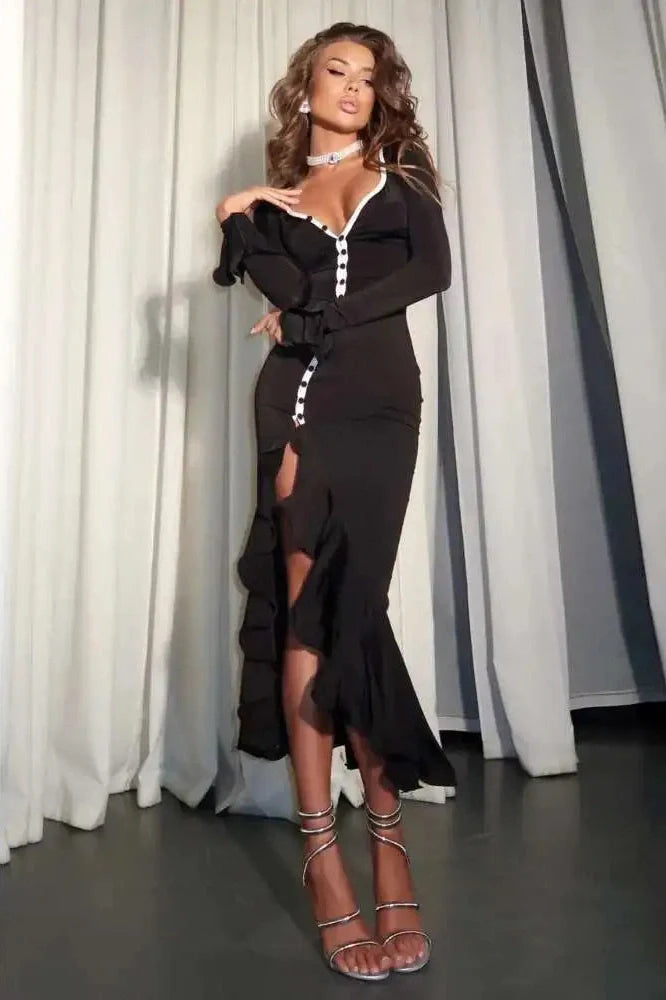 Long Sleeve V Neck Single-Breasted High Waist Maxi Dress