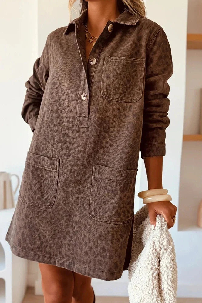 Elegant Long Sleeve Pocket High Waist Loose Printed Mini Dress