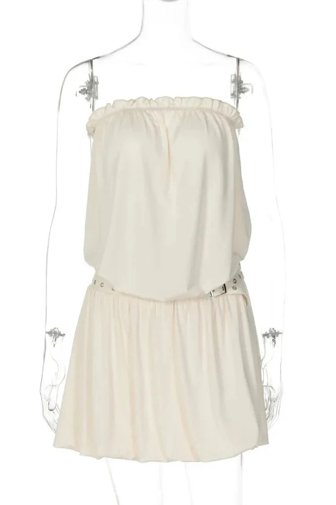 Off-Shoulder Strapless Sleeveless Backless High Waist Pleated Mini Dress