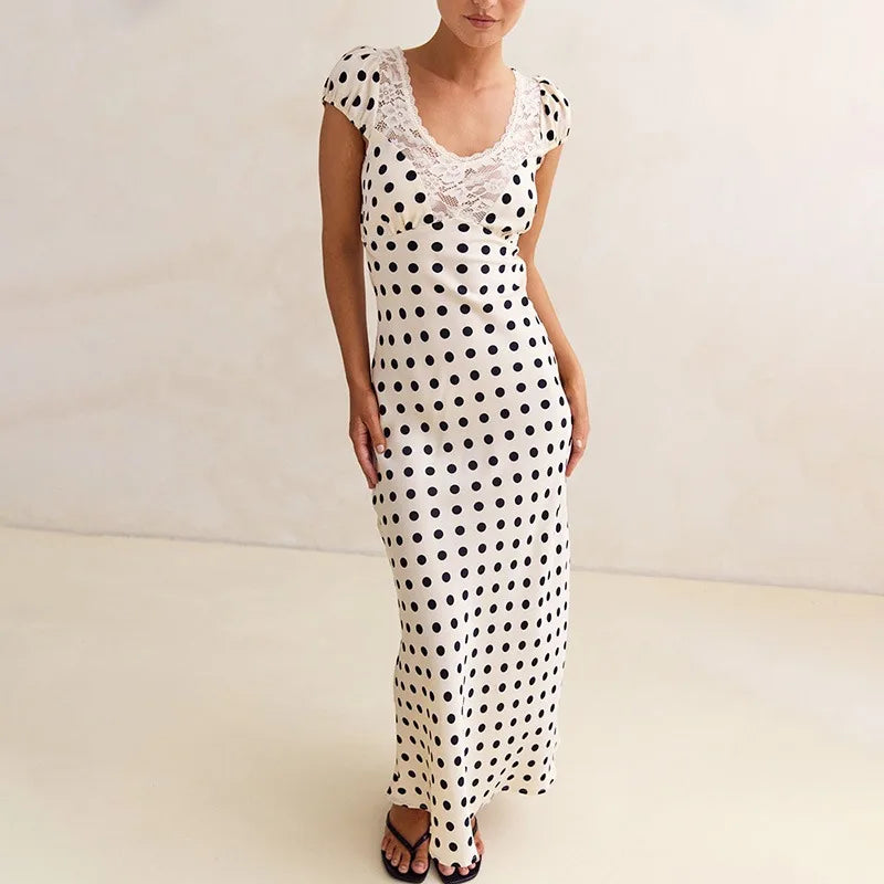 Elegant Polka Dot Patchwork Hollow Out Maxi Dress