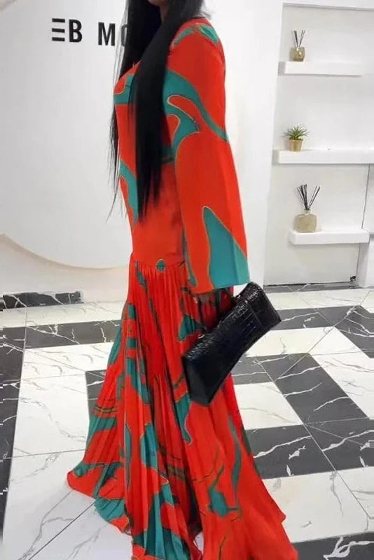 Long Sleeve High Waist Printed O-Neck Maxi Dress
