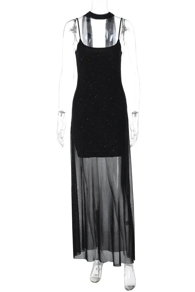 Lace-Up See-Through Backless Slim Bodycon Maxi Dress