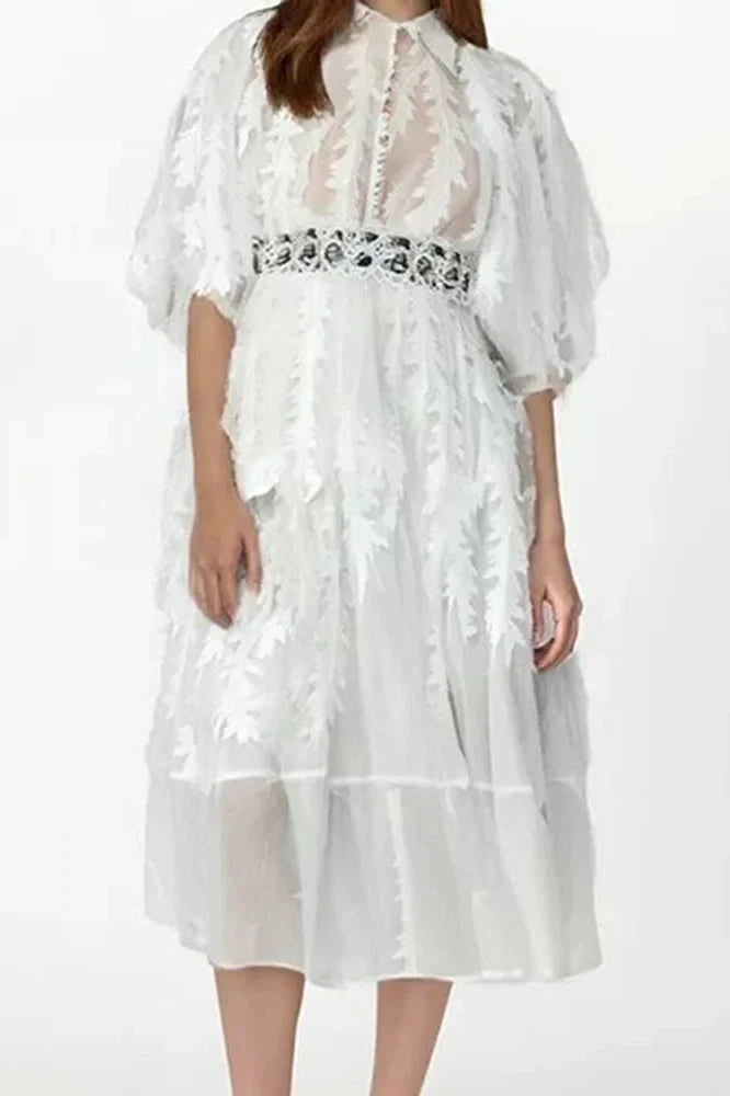 Elegant Loose Puff Sleeve High Waist Midi Dress