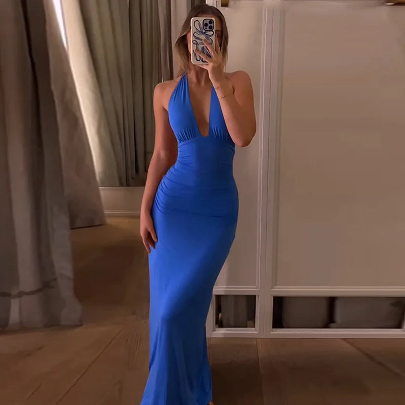 Backless Deep V Neck Lace Up Slim Maxi Dress