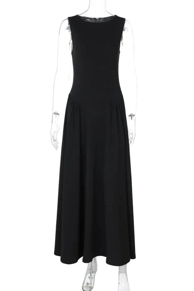 Sleeveless Pleated O Neck High Waist A-Line Midi Dress